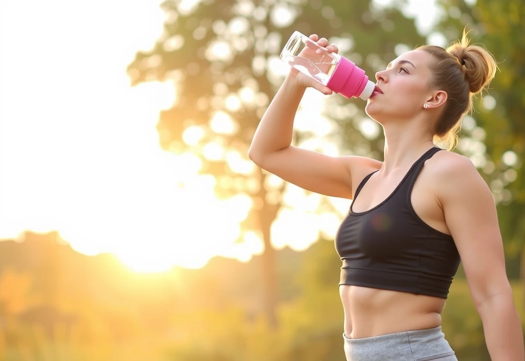 Mężczyzna pijący wodę z butelki podczas ćwiczeń, symbolizujący nawodnienie i zdrowy styl życia.