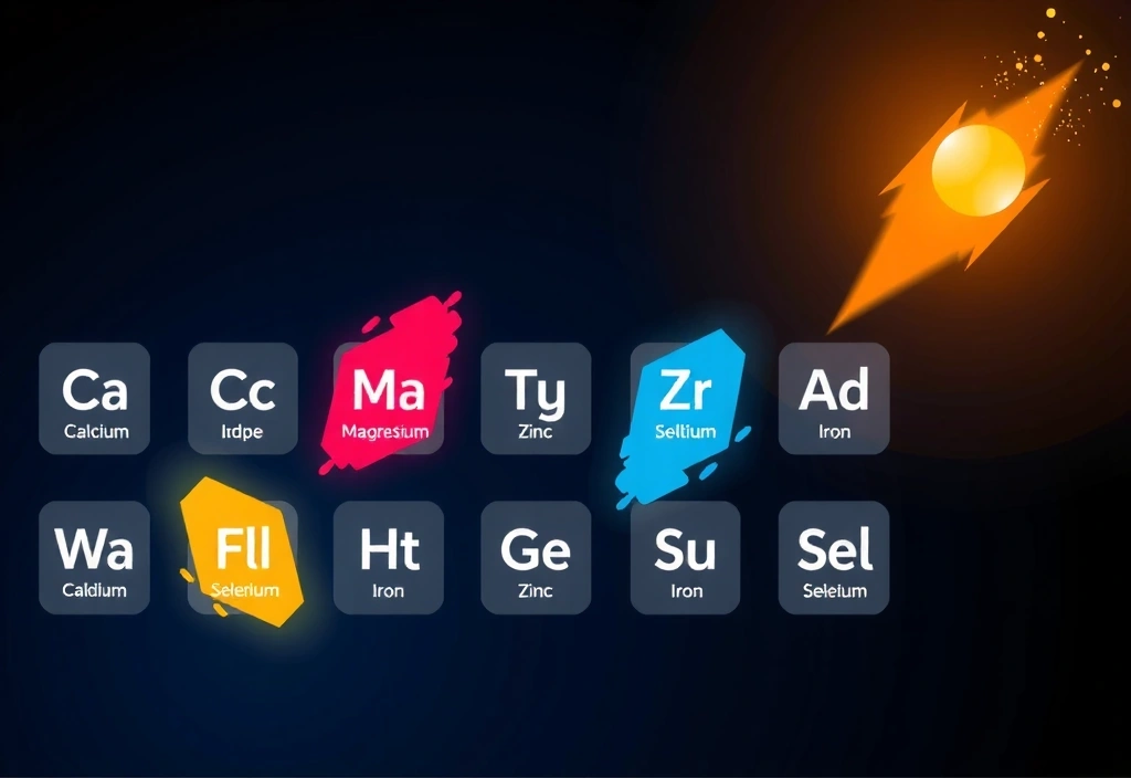 Układ okresowy pierwiastków z podświetlonymi ważnymi minerałami dla zdrowia.