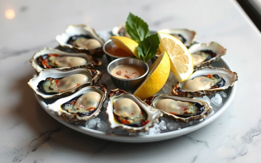 Talerz pełen świeżych ostryg z cytryną, symbolizujący bogate źródło cynku, podany na eleganckim tle.