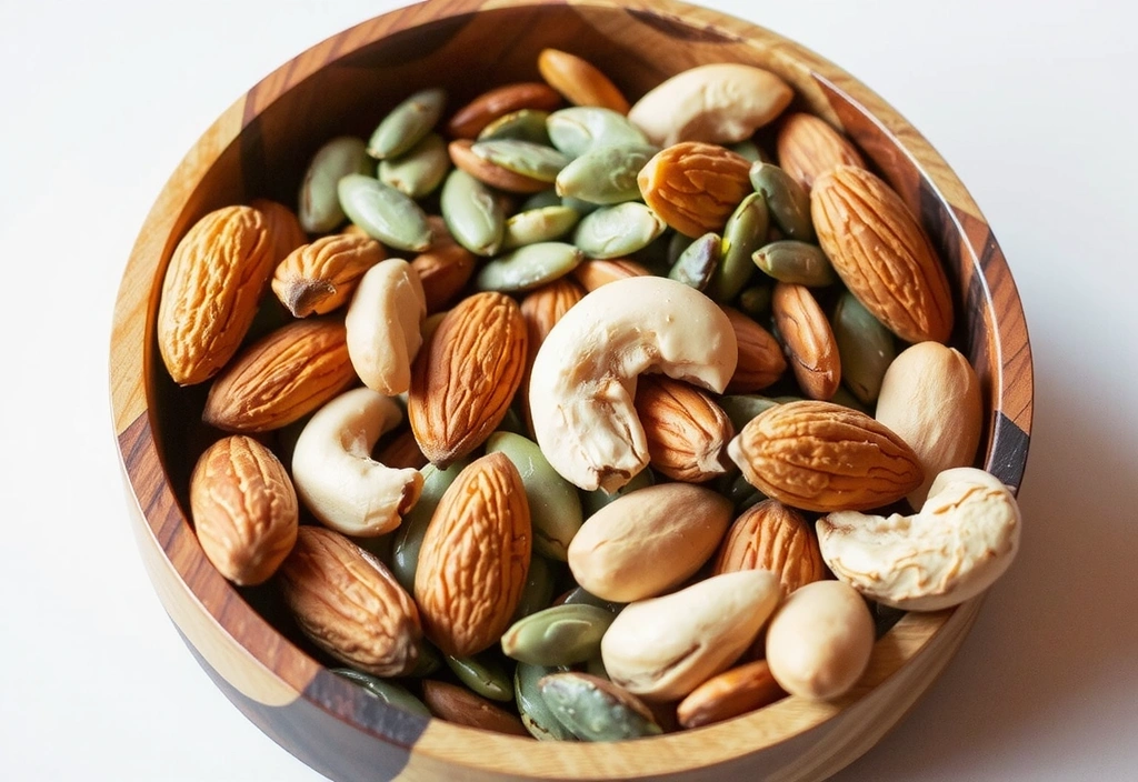 Mieszanka orzechów i nasion w drewnianej misce