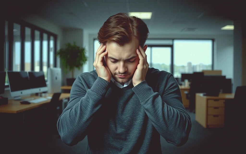 Osoba odczuwająca zmęczenie, z dłońmi na skroniach, na tle rozmytego biura