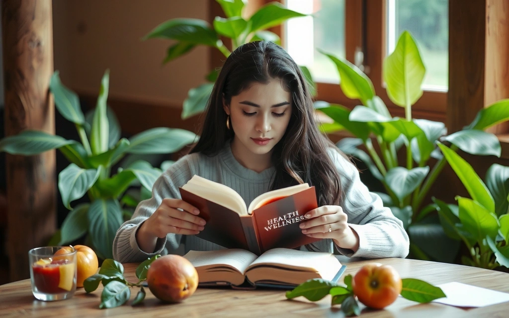 Ilustracja misji portalu: kobieta czytająca książkę o zdrowiu, otoczona roślinami i świeżymi owocami