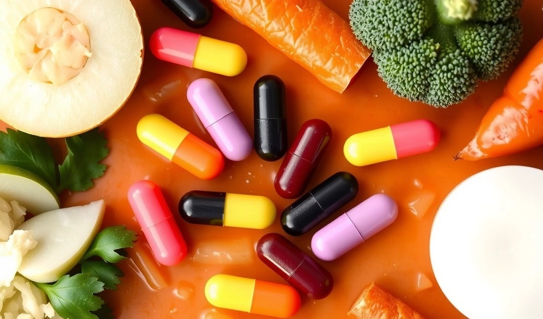 Kolorowe kapsułki probiotyczne na tle zdrowej żywności fermentowanej.