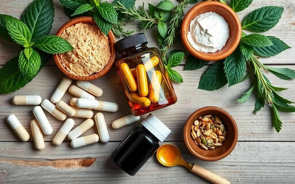 Różnorodne naturalne suplementy i zioła na drewnianym stole, symbolizujące zdrowy styl życia.
