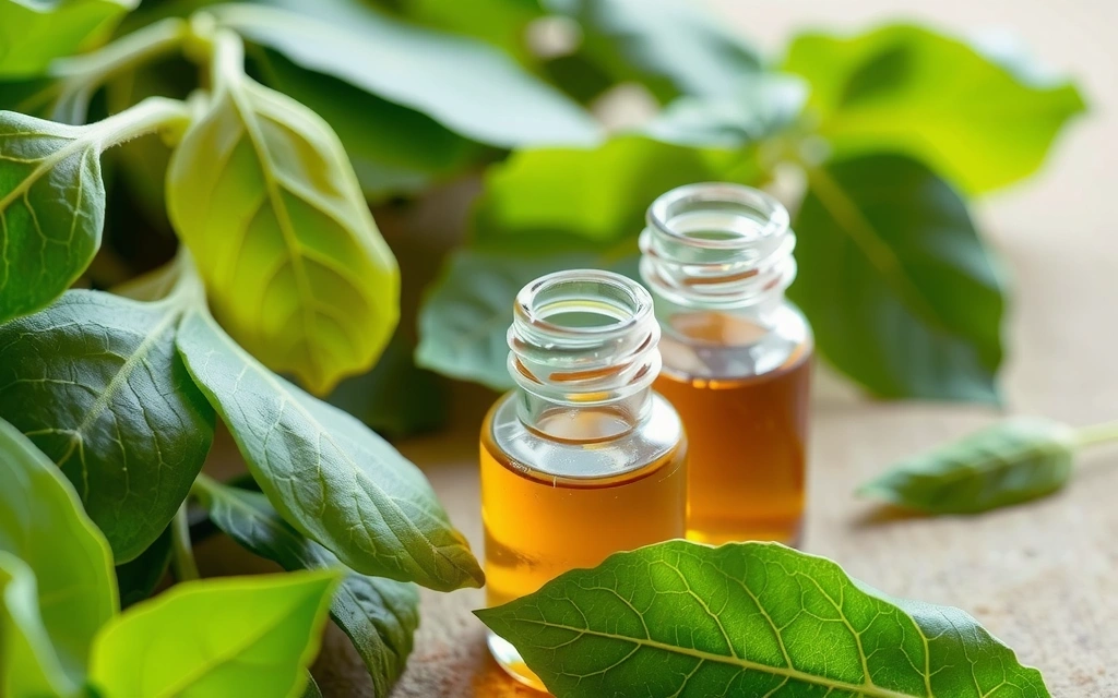 Zielone liście ziół i małe buteleczki z ekstraktami ziołowymi, symbolizujące suplementy ziołowe.