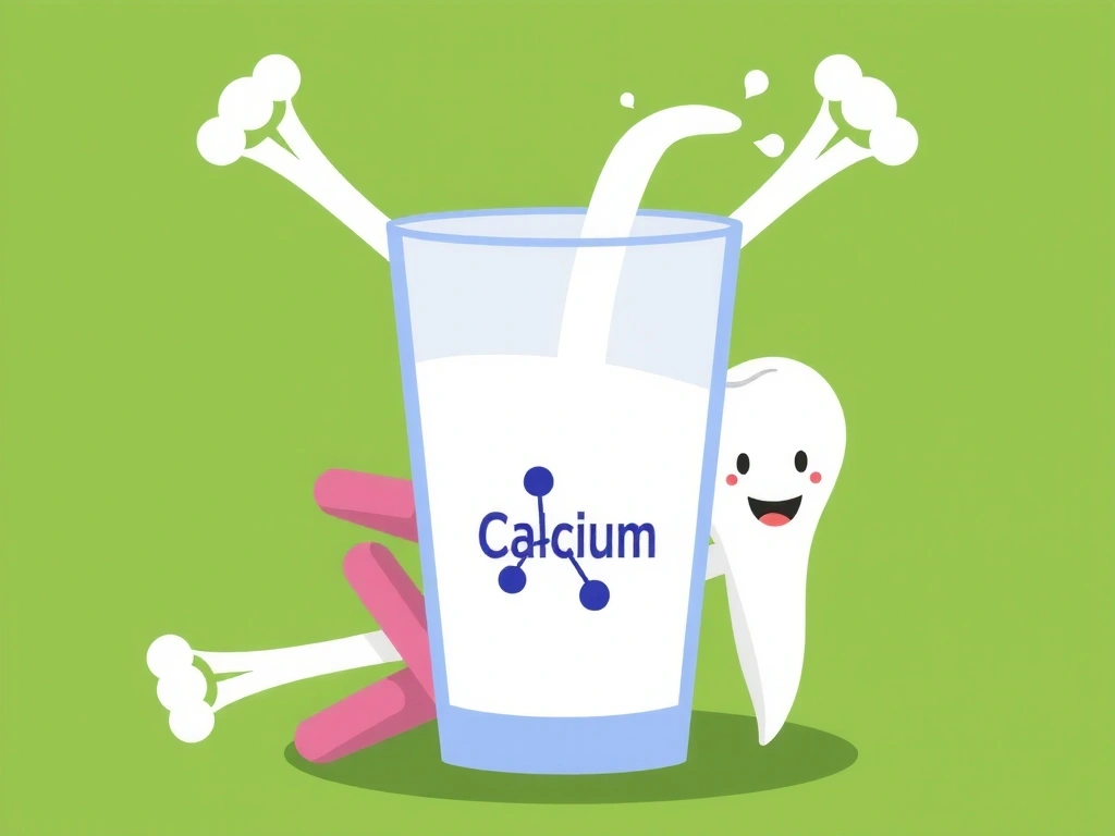 Ilustracja przedstawiająca kości, zęby i szklankę mleka symbolizujące wapń i jego źródła