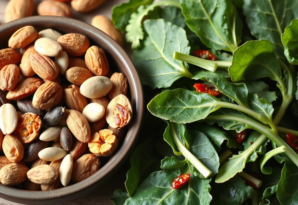 Zielone warzywa i orzechy symbolizujące witaminę K i magnez