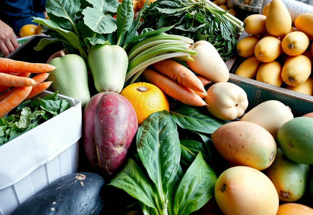 Różnorodne świeże owoce i warzywa ułożone na targu, symbolizujące zdrowe i zbilansowane odżywianie.