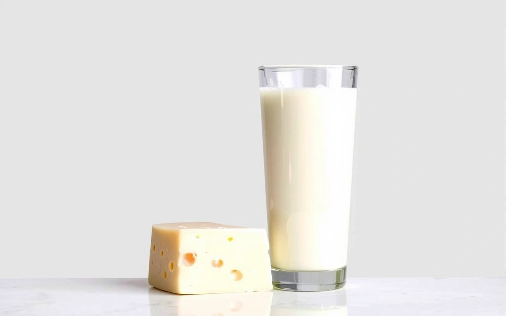 Szklanka mleka i ser, symbolizujące wapń.