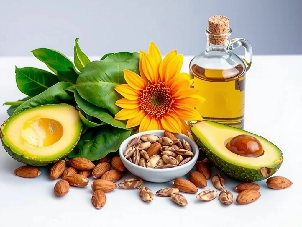 Różnorodne źródła Witaminy E, w tym orzechy, nasiona, awokado i oleje roślinne