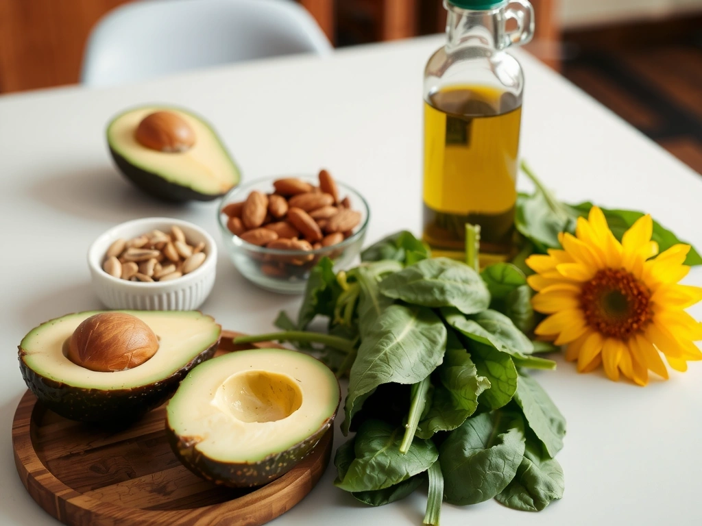 Stół pełen zdrowych produktów bogatych w Witaminę E, takich jak świeże awokado, migdały, nasiona słonecznika, oliwa z oliwek i szpinak, w naturalnym świetle
