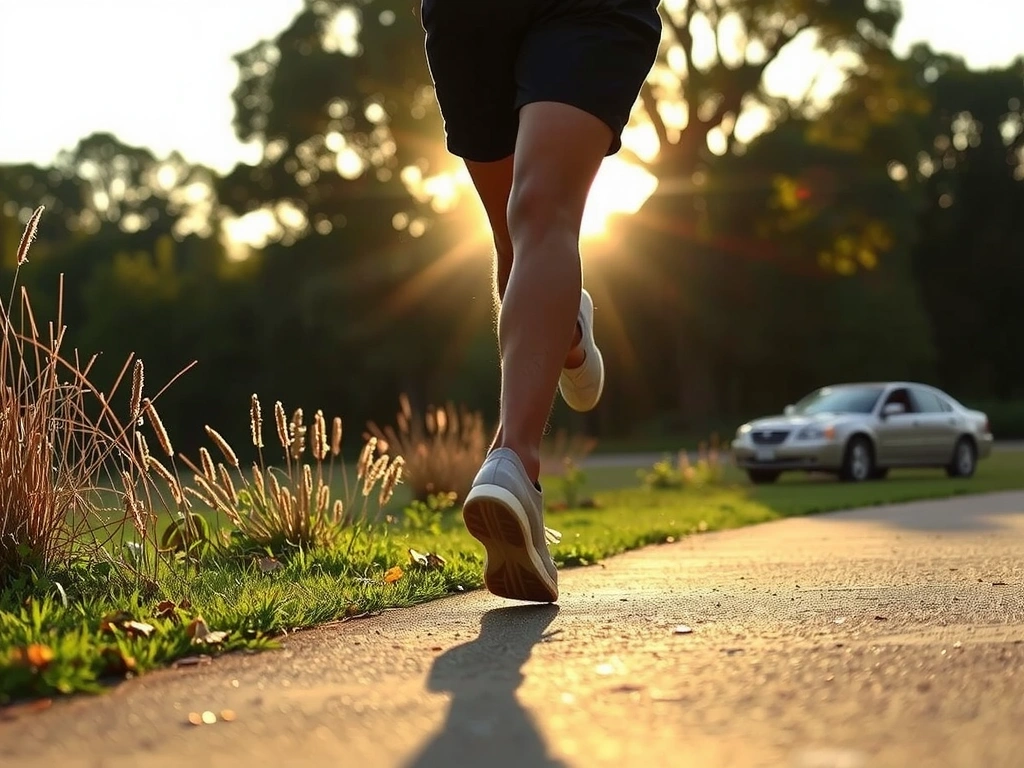 Osoba uprawiająca jogging na świeżym powietrzu, z promieniami słońca w tle.