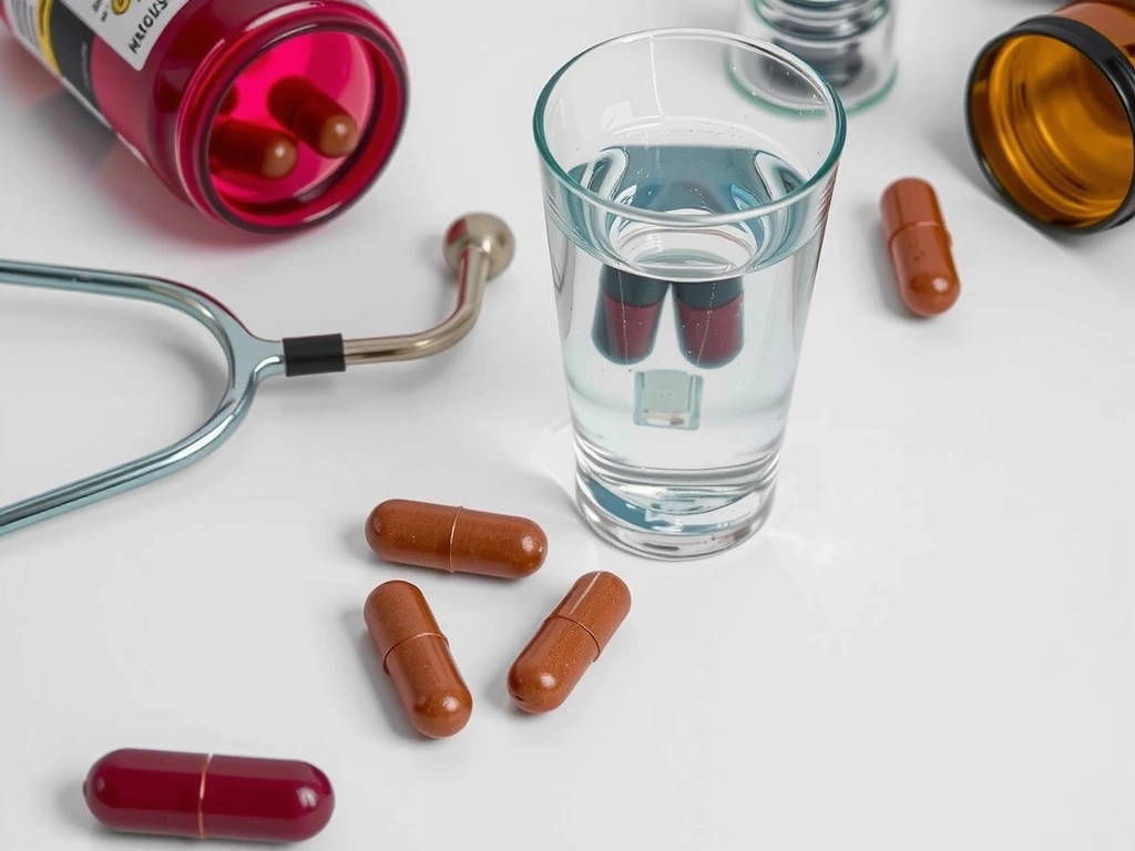 Suplementy żelaza w kapsułkach obok szklanki wody, na tle medycznych instrumentów.